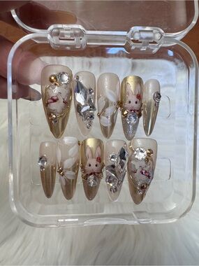 Gold & Cream Bunny Press-On Nail Set with Rhinestones
